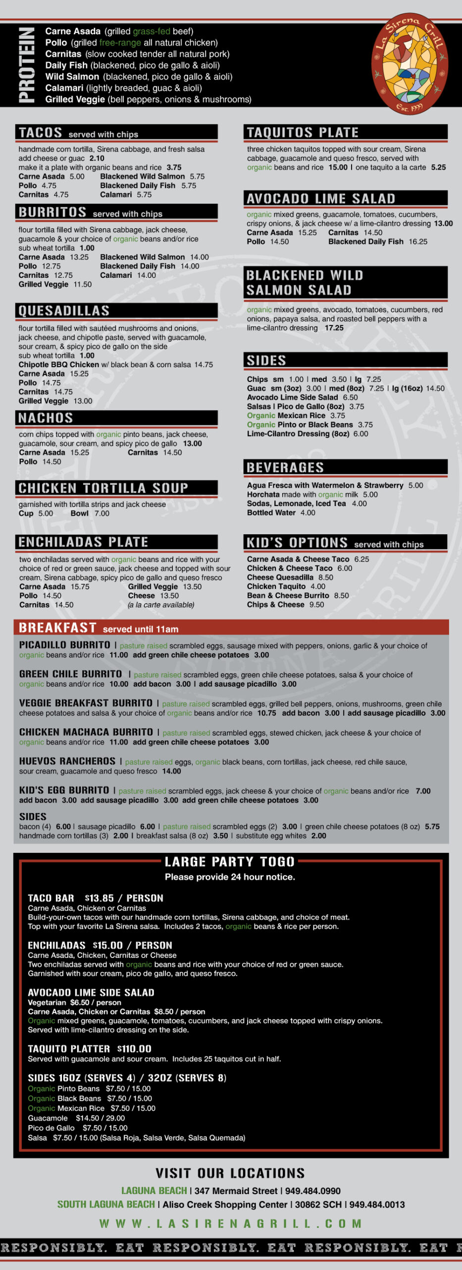 rows of text on menu with section dividers